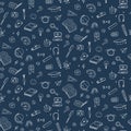 Vector seamless pattern with education back to school icons. Doodle student dark background. Royalty Free Stock Photo