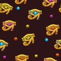 Seamless pattern Egypt Eye of Horus with colored precious gems, golden icon.
