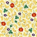 Vector seamless pattern elbow pasta with tomatoes, parsley, olives, carrots. 3d illustration.