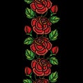 Vector seamless pattern with embroidery red Rose flower, bud and green leaves on the black background. Floral border with roses.