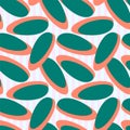 Vector seamless pattern. Emerald Green and terra cotta orange bright oval geometric shapes on pastel striped pale pink background Royalty Free Stock Photo