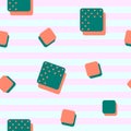 Vector seamless pattern. Emerald Green and terra cotta orange cubes with polka dots on pastel striped pale pink background. Retro Royalty Free Stock Photo