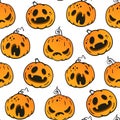 Vector seamless pattern with emotional pumpkins. Background for Halloween. Royalty Free Stock Photo