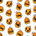 Vector seamless pattern with emotional pumpkins. Background for Halloween. Royalty Free Stock Photo