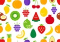 Vector seamless pattern, endless texture with fruits. Set of isolated flat color icons. Healthy food and vitamins