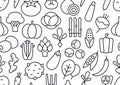 Vector seamless pattern, endless texture with vegetables. Set of isolated linear icons. Contour, shape, outline. Healthy