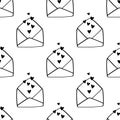 Vector seamless pattern with envelopes and hearts. Black and white love letters background. Royalty Free Stock Photo