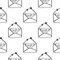 Vector seamless pattern with envelopes and hearts. Black and white love letters background. Royalty Free Stock Photo