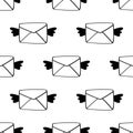 Vector seamless pattern with envelopes and hearts. Black and white love letters background. Royalty Free Stock Photo