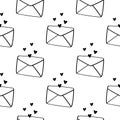 Vector seamless pattern with envelopes and hearts. Black and white love letters background. Royalty Free Stock Photo