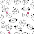 Vector seamless pattern with envelopes and hearts. Black and white love letters background. Royalty Free Stock Photo