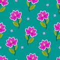 Vector seamless pattern exotic flowers pink on green