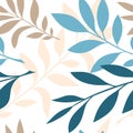 Vector seamless pattern with exotic leaves, abstract elements in blue, nude, brown