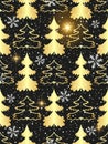 Vector seamless pattern with a fairytale forest with golden fir trees