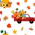 Vector red harvest truck seamless pattern with pumpkins, sunflowers, sheaf of wheat, leaves on white background