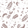 Vector seamless pattern with falling leaves, berries, seeds and acorns neutral color silhouettes. Background for textile Royalty Free Stock Photo