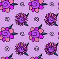 Vector seamless pattern with fantasy purple flower and spiral hand drawn doodle in simple childish cartoon style. Positive cute