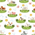 Vector seamless pattern with farm animal scenes. Repeat background with cow, horse, goat, sheep, duck, hen, pig and their babies.