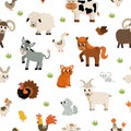 Vector seamless pattern with farm animals and birds. Repeat background with cow, horse, goat, sheep, duck, hen, pig. Rural Royalty Free Stock Photo