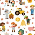 Vector seamless pattern with farmers. Repeat background with cute kids doing agricultural work. Rural country scenes digital paper