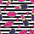 Vector seamless pattern with fashion patch badges with lips, lipsticks, hearts and stripes. Royalty Free Stock Photo