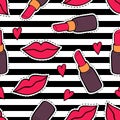 Vector seamless pattern with fashion patch badges with lips, lipsticks, hearts and stripes.