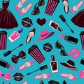 Vector seamless pattern with fashion, stylish accessory,cosmetics and women, girls stuff. Trendy colors Royalty Free Stock Photo