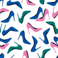 Vector seamless pattern with fashionable shoes. Handdrawn texture design