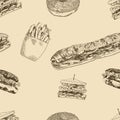 Vector Seamless Pattern, Fast Food Hand Drawn Vintage Background, Burgers, Sandwiches, Donuts, French Fries. Royalty Free Stock Photo