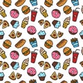 Vector seamless pattern with fastfood objects. Junk food and sweets background in doodle style. Royalty Free Stock Photo