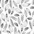 Vector Seamless Pattern with Feathers. Hand drawn illustration. Boho style. Black sketch isolated on white background Royalty Free Stock Photo