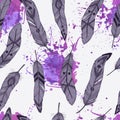 Vector seamless pattern with feathers and watercolor splashes Royalty Free Stock Photo