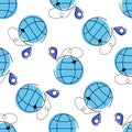 Vector seamless pattern featuring blue globes with location pins and dotted delivery paths. Perfect for supply chain, logistics, Royalty Free Stock Photo