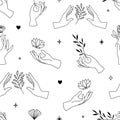 Vector seamless pattern of female hand icons in minimal linear style. Backgrounds with hand gestures, lotus, plants