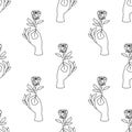 Vector seamless pattern of female hands emblems in minimal linear style. Background with hand gesture holding rose flower Royalty Free Stock Photo