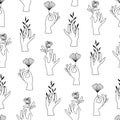 Vector seamless pattern of female hands in minimal linear style. Background with hand gesture holding rose flower, plants Royalty Free Stock Photo