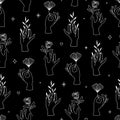 Vector seamless pattern of female hands in minimal linear style. Background with hand gesture holding rose flower, plants Royalty Free Stock Photo