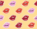 Vector seamless pattern with female lips. Illustration of pink, red, scarlet lips on a yellow background.