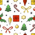 Vector seamless pattern of festive symbols in doodle flat style. Bright background and texture on theme New Year, xmas Royalty Free Stock Photo