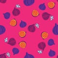 Vector seamless pattern of figs, design colorful abstract illustration. Whole and sliced fig fruits on pink background for