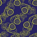 Vector seamless pattern of figs, design lines abstract illustration. Whole and sliced fig fruits on blue background for patterns,