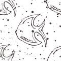 Vector seamless pattern with fish, ink blots and brush strokes. Black and white creative artistic background Yand Drawn Creative