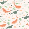 Vector seamless pattern with fish,penguin,whale,killer whale, octopus.Underwater cartoon creatures.Marine background