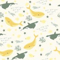 Vector seamless pattern with fish,penguin,whale,killer whale, octopus.Underwater cartoon creatures.Marine background