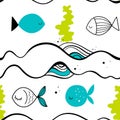 Vector seamless pattern with fish. Scandinavian motives. Baby print