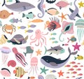 Vector seamless pattern with fish and sea animals Royalty Free Stock Photo