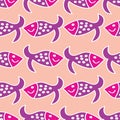 vector seamless pattern with fishes, lilac fishes in two rows