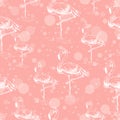 Vector seamless pattern. Flamingo birds on pink background. white Ink pen drawing. Line art design. Hand drawn picture Royalty Free Stock Photo