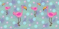 Vector seamless pattern with flamingo and palm leaves. Tropical pattern with cartoon flamingos. Vector seamless illustration