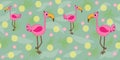 Vector seamless pattern with flamingo and palm leaves. Tropical pattern with cartoon flamingos. Vector seamless illustration